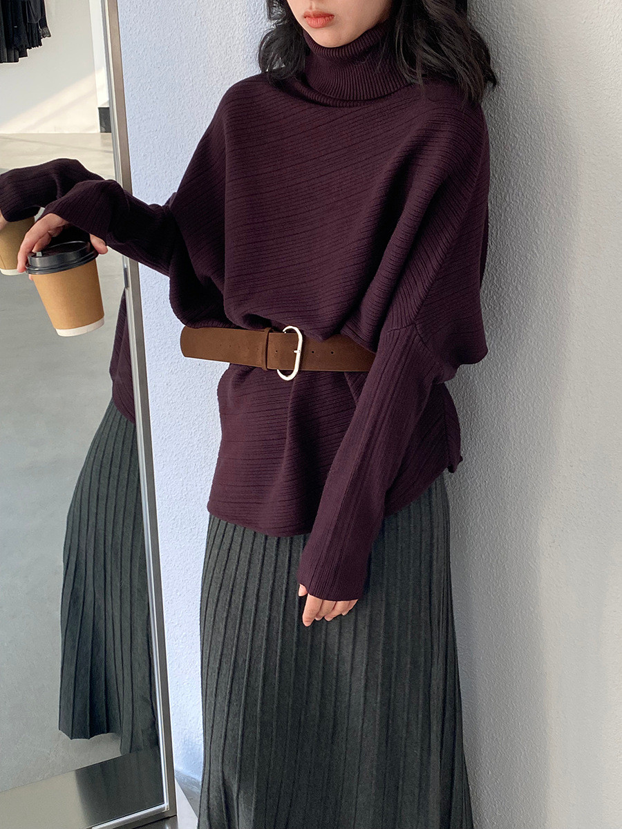 秋レディースバットスリーブ ハイネック 不規則ウエスト絞り ベルト付きセーター【返品・交換可】品質最優先25-619
