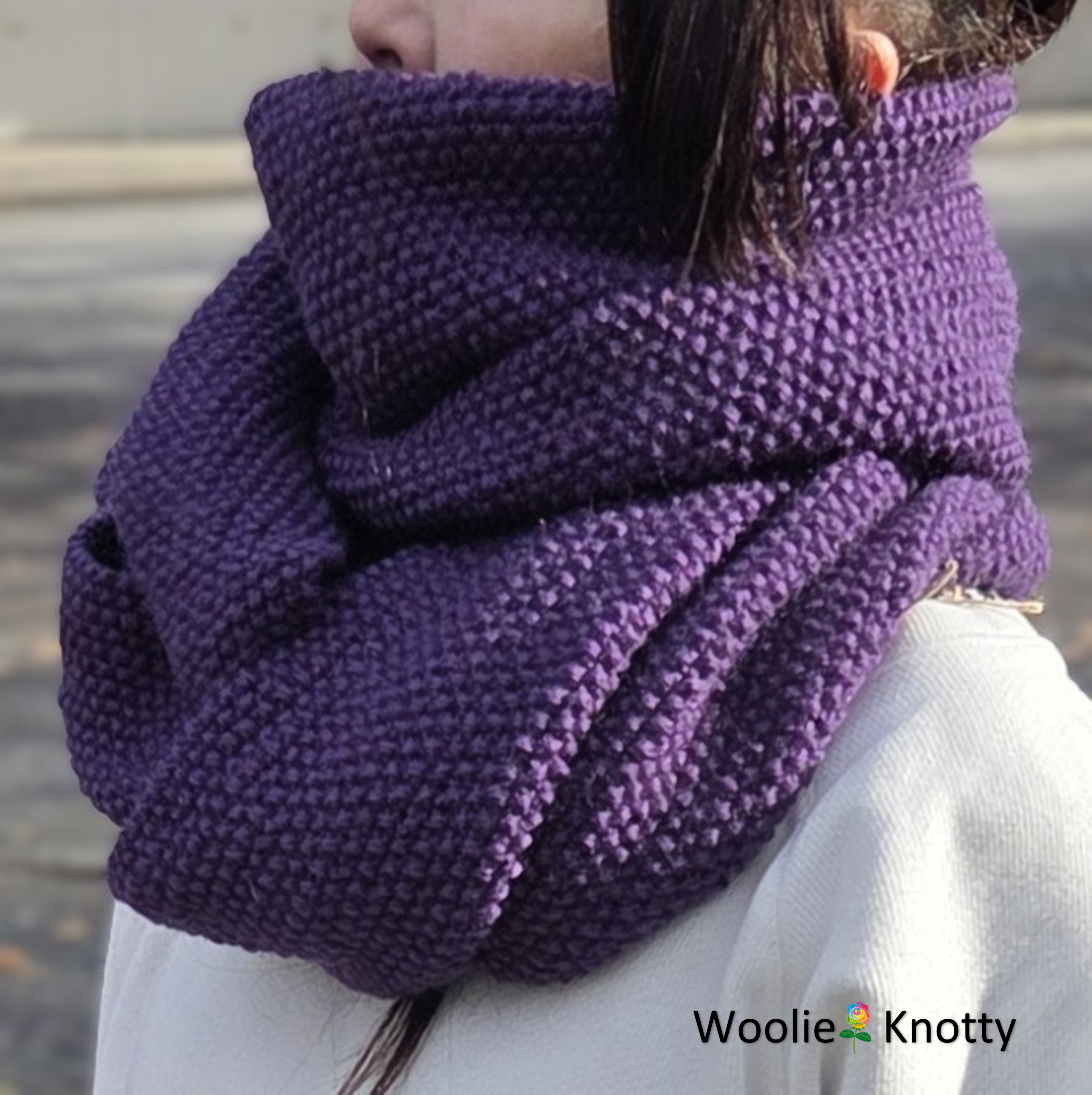 天然ウール100％ 鹿の子編み｜ぐるぐる巻ける ボリュームマフラー・ショール〈パープルミドル/約183cm〉