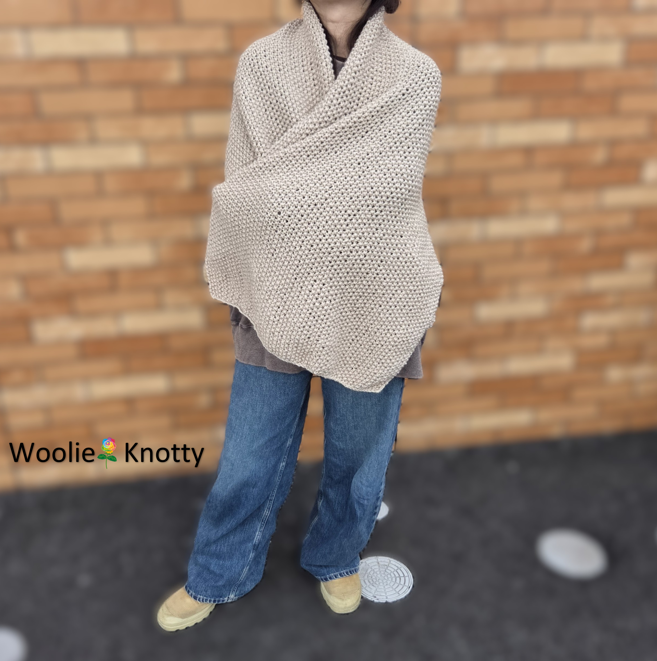 天然ウール100％｜スーパーボリューム鹿の子編みマフラー/ショール〈ベージュミドル/約164cm〉