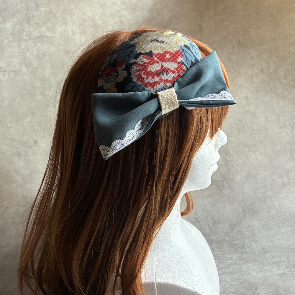 京都 正絹100％ 流水文に扇面花文 和ボンネ１点物 リボン ヘッドドレス シルク 着物 [HB1431］送料無料