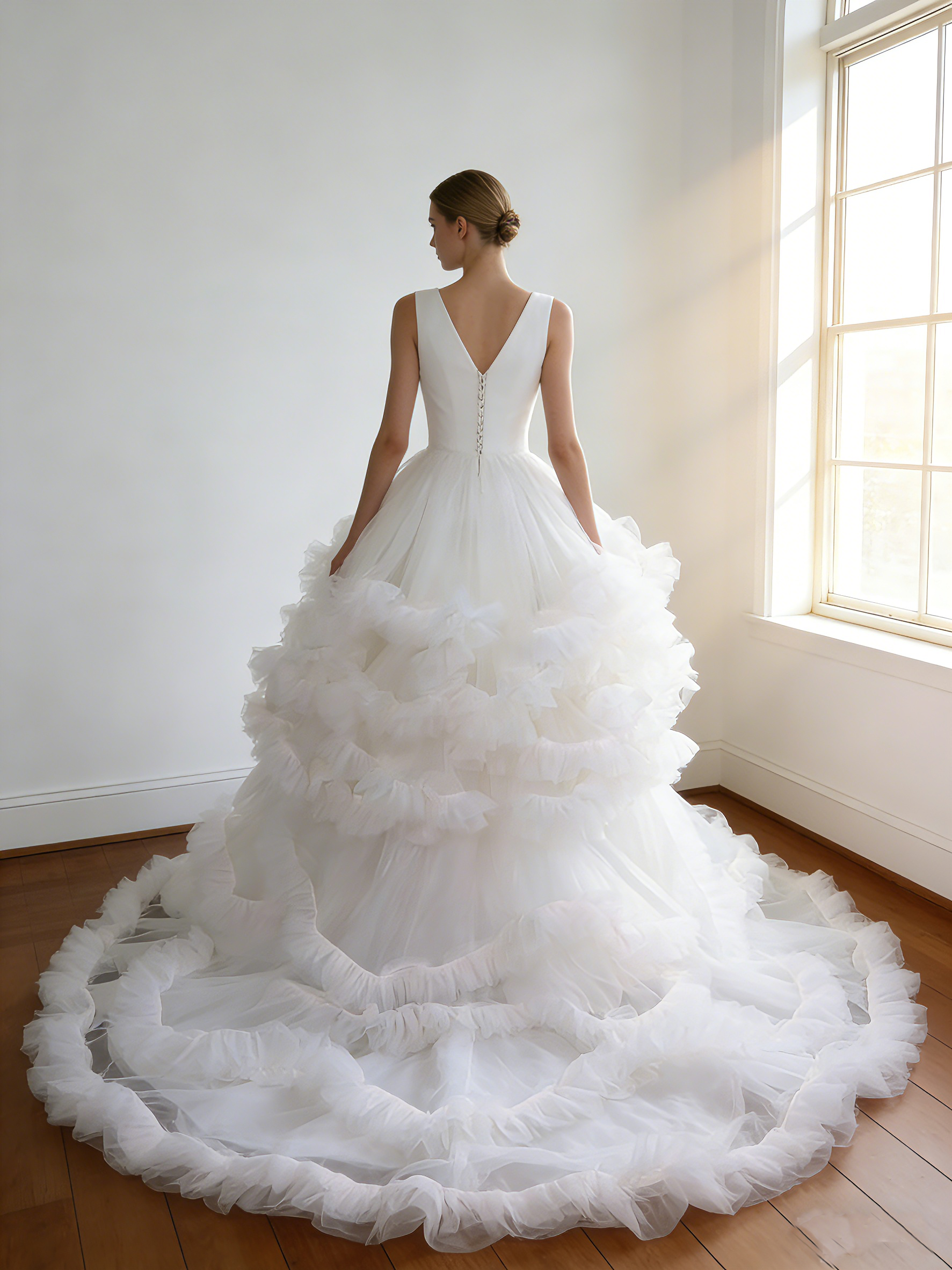 ウエディングドレス オフホワイト  ノースリーブ  ボリュームドレス Vネックドレス  華やかなトレーン  結婚式