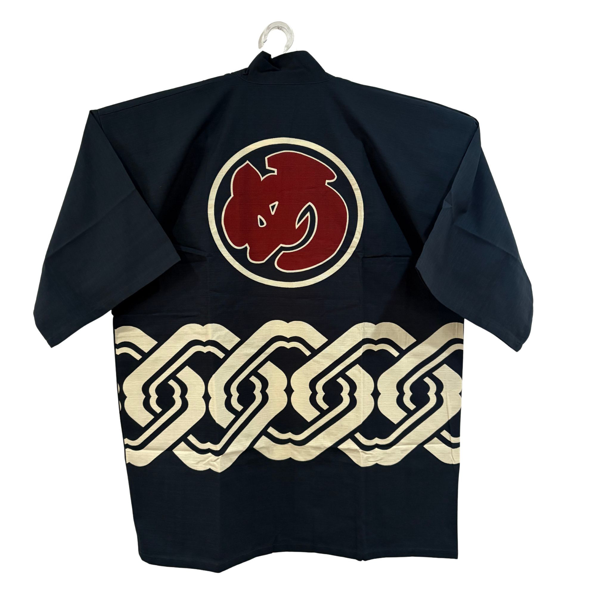 【め 長半纏｜着丈95cm】綿100％・抜染仕上げ｜江戸文字×和柄 羽織／古布リメイク素材にも