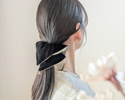 ［SALE］渋カラー✨シュシュ✨ハンドメイド 全2色/バイカラー/夏セレモニー/ベロア×本革スエード 大人のための