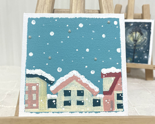 冬のアクリルアート アクリル画 雪 風景画 水色 街並み 可愛い アート