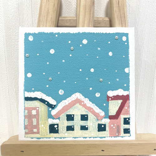 冬のアクリルアート アクリル画 雪 風景画 水色 街並み 可愛い アート