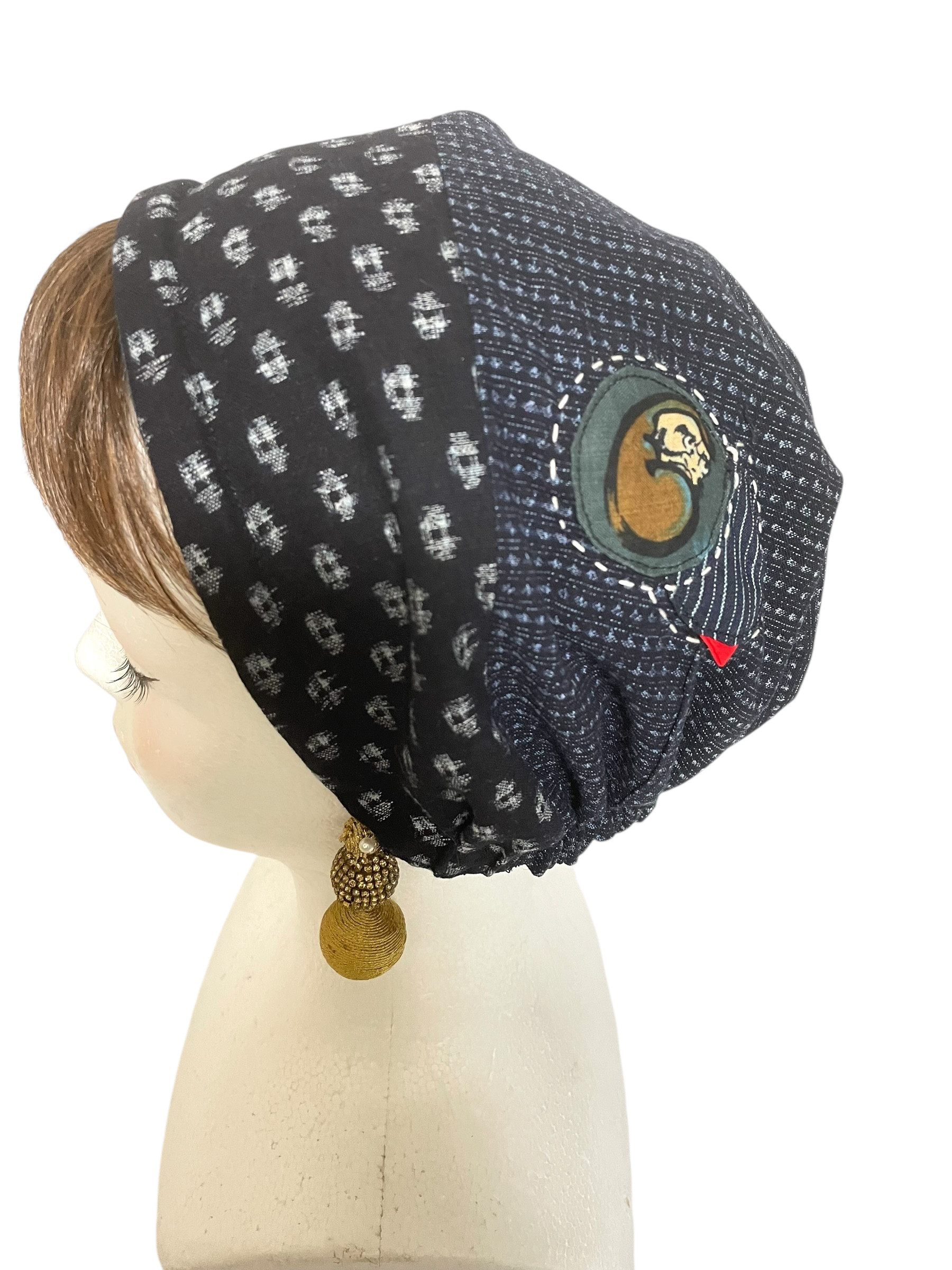 送料無料 着物 リメイク 藍染 絣 木綿 ダルマさん さしこ キャップターバン リバーシブル ハンドメイド