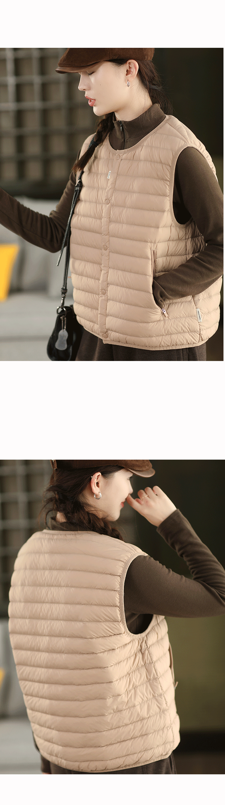 ラウンドネック & V ネック両用 保温蓄熱ノースリーブダウンベスト 薄手インナー & アウター両用ダウンベスト
