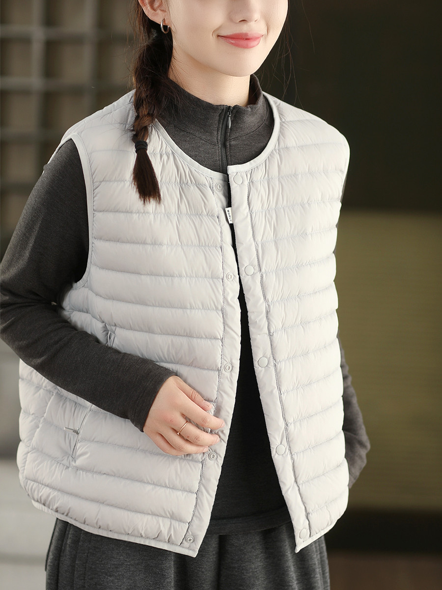 ラウンドネック & V ネック両用 保温蓄熱ノースリーブダウンベスト 薄手インナー & アウター両用ダウンベスト