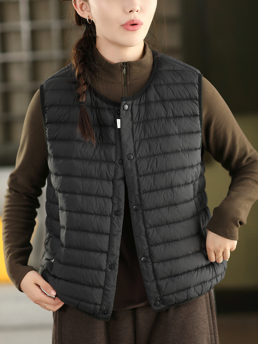 ラウンドネック & V ネック両用 保温蓄熱ノースリーブダウンベスト 薄手インナー & アウター両用ダウンベスト