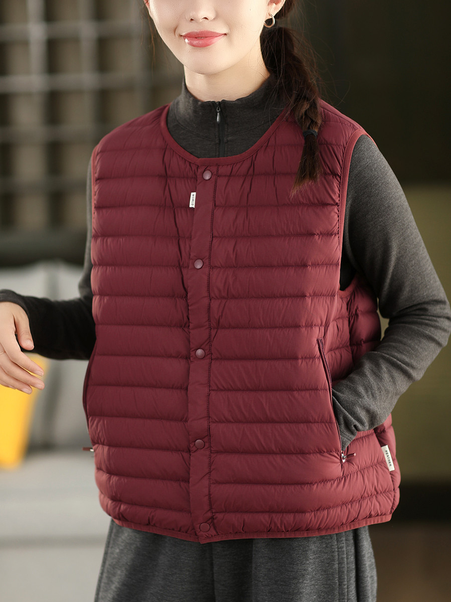 ラウンドネック & V ネック両用 保温蓄熱ノースリーブダウンベスト 薄手インナー & アウター両用ダウンベスト