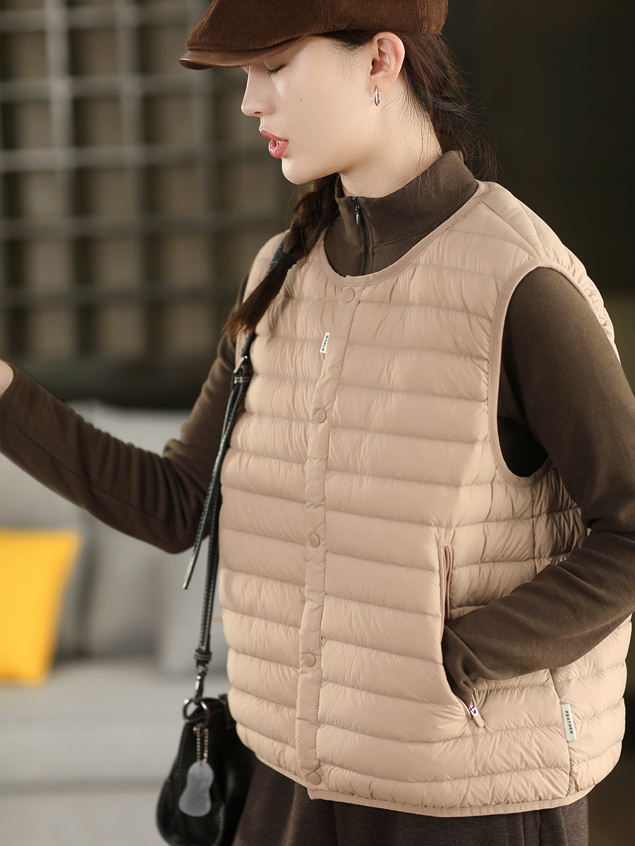 ラウンドネック & V ネック両用 保温蓄熱ノースリーブダウンベスト 薄手インナー & アウター両用ダウンベスト