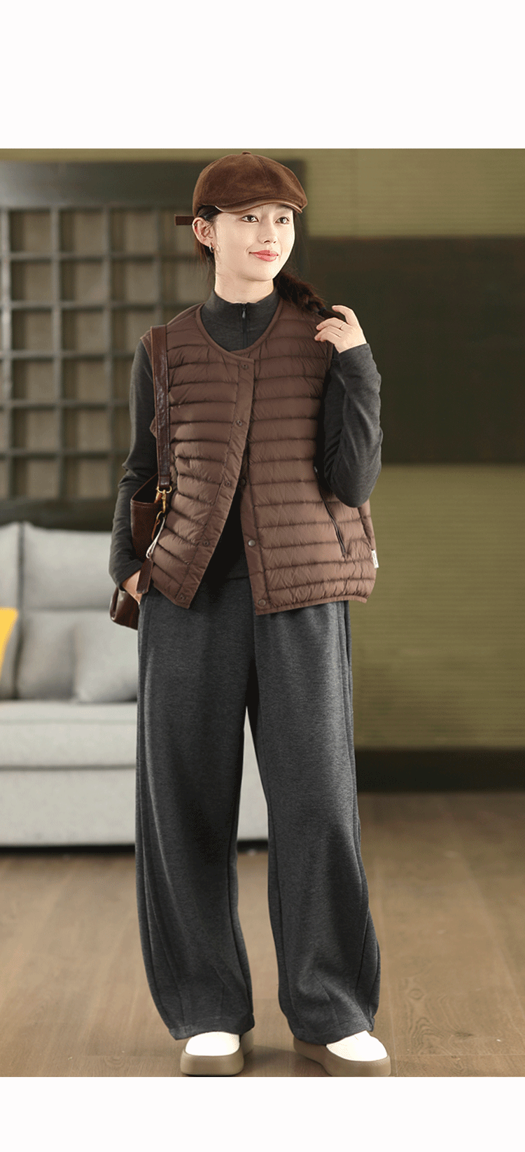 ラウンドネック & V ネック両用 保温蓄熱ノースリーブダウンベスト 薄手インナー & アウター両用ダウンベスト