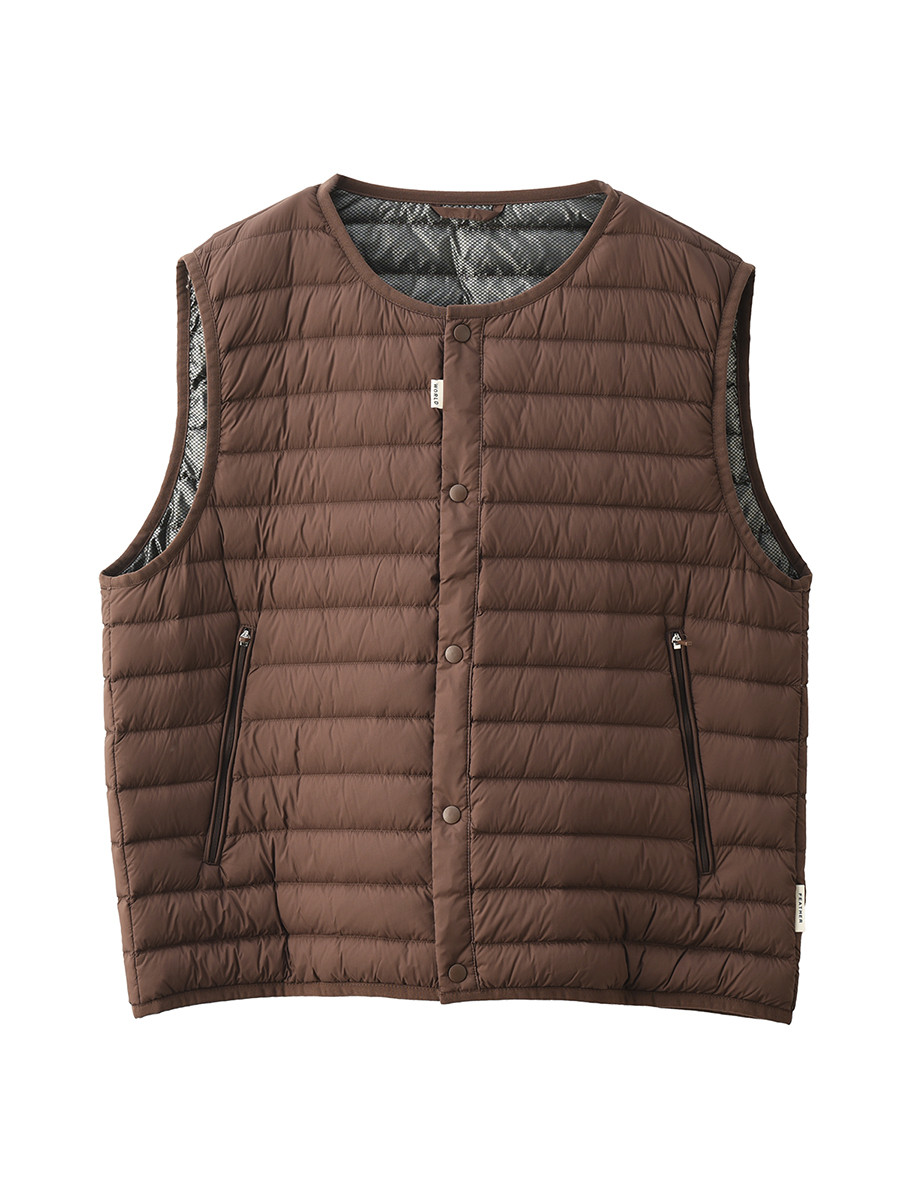 ラウンドネック & V ネック両用 保温蓄熱ノースリーブダウンベスト 薄手インナー & アウター両用ダウンベスト