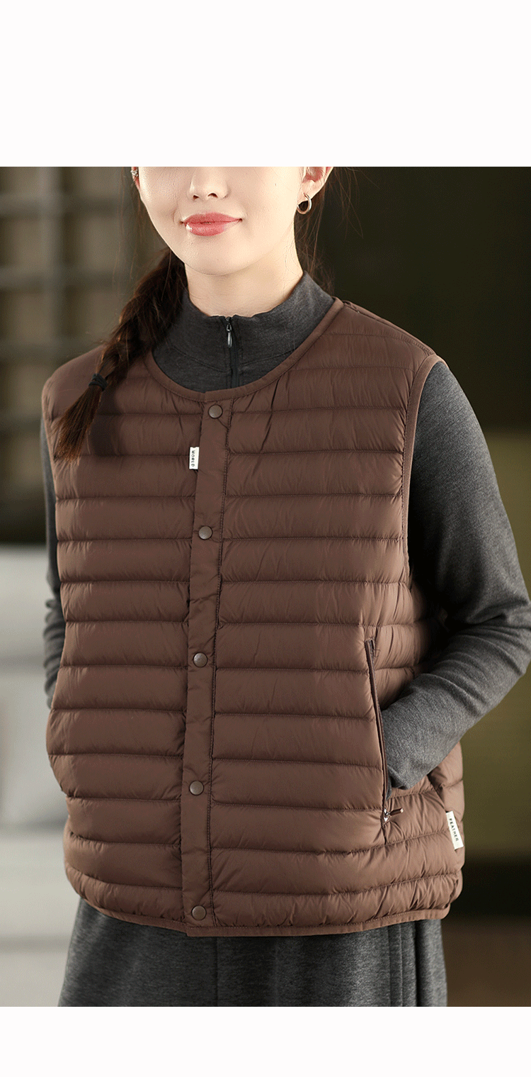 ラウンドネック & V ネック両用 保温蓄熱ノースリーブダウンベスト 薄手インナー & アウター両用ダウンベスト