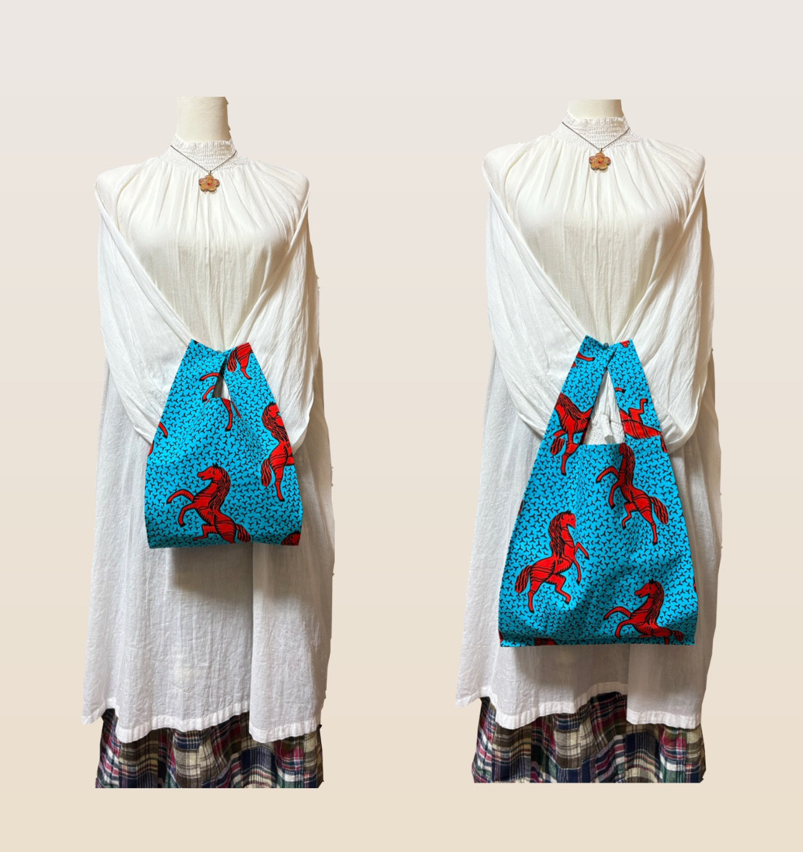 Creema限定新春福袋〈梅〉アフリカ布　ミニバックとエコバッグ2点セット　人気の馬柄