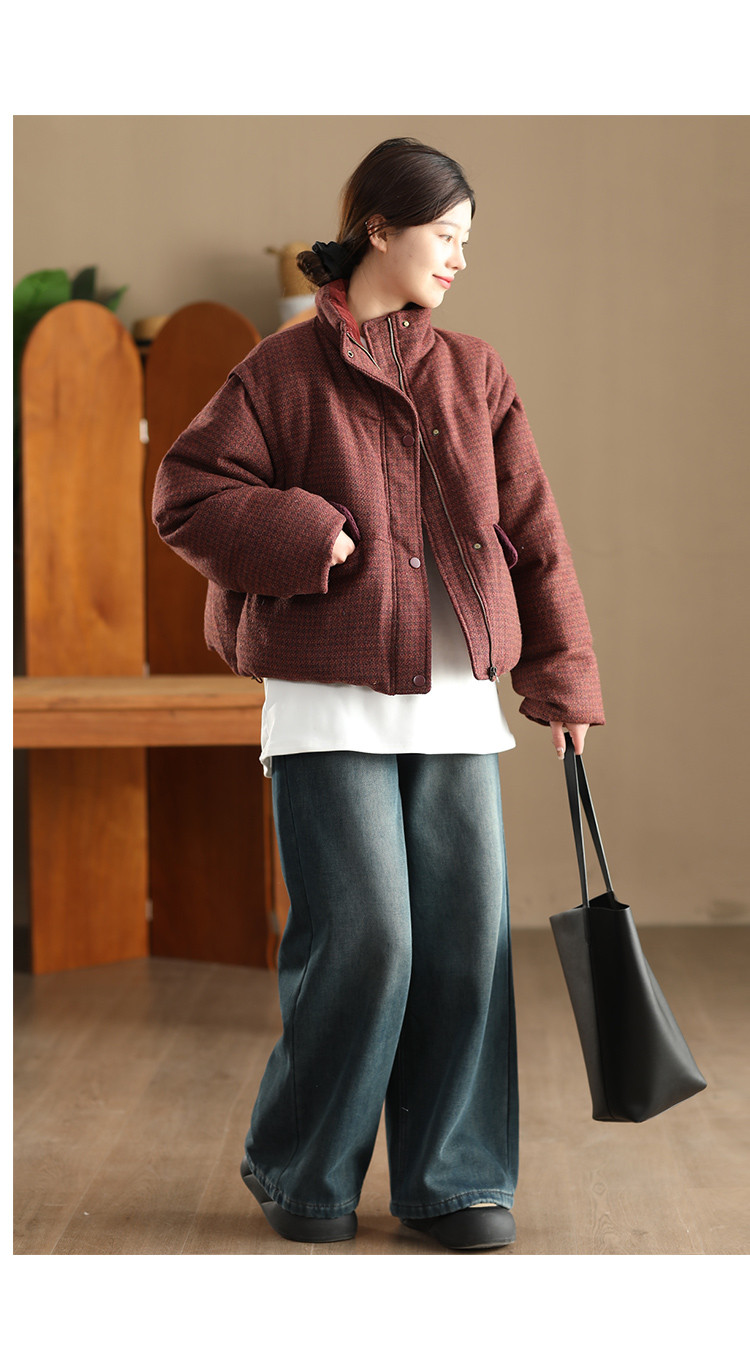 ウールダウンジャケット シャンパンスタイルチェック柄 厚手白アヒルダウン ファッションふわふわニット保温パンコート