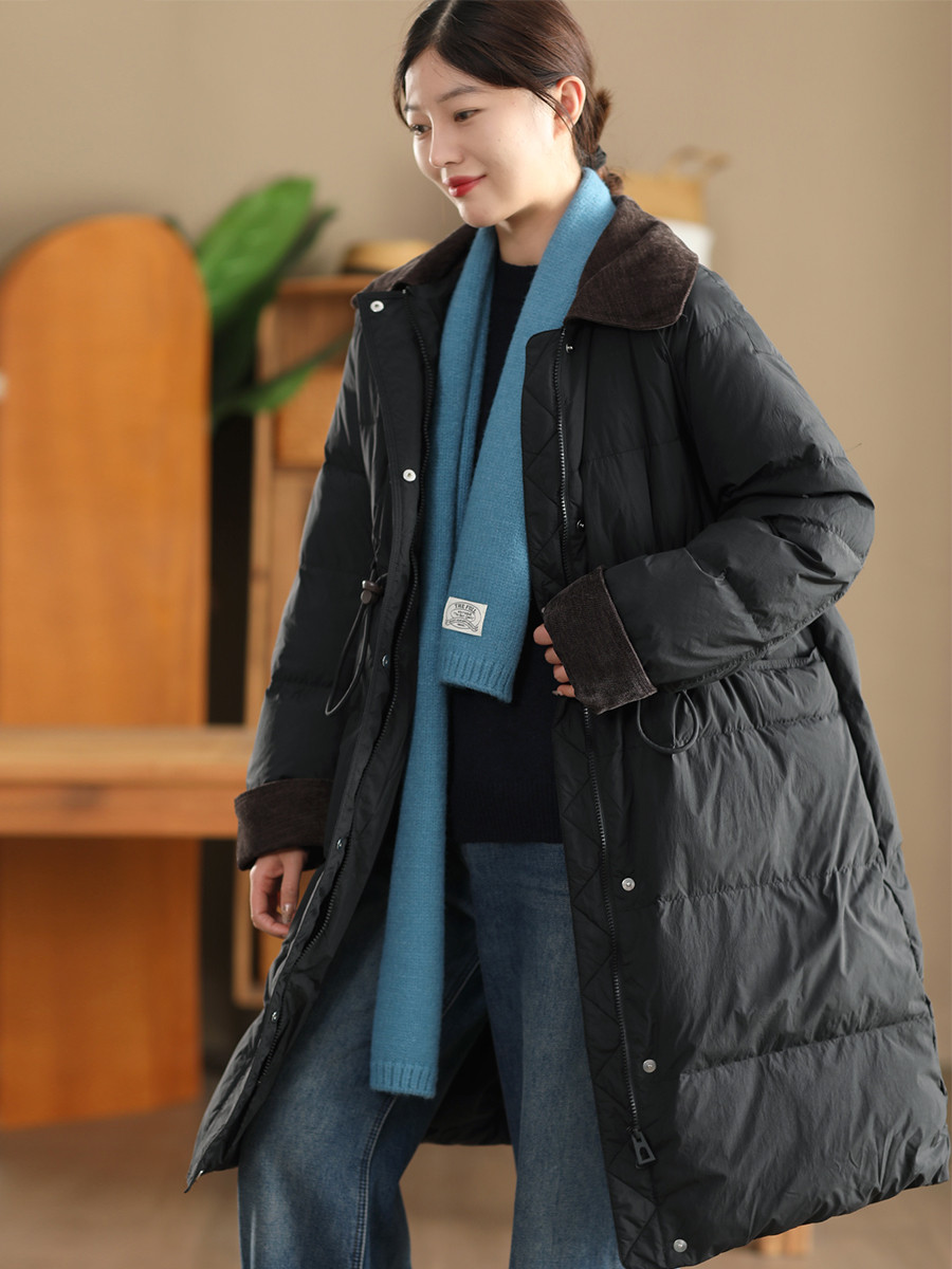 ウィンターミドルレングス アヒルダウン保温カラーブロックフリップカラーコート ウエストドローコードスリム効果ふわふわダウ 13,650円