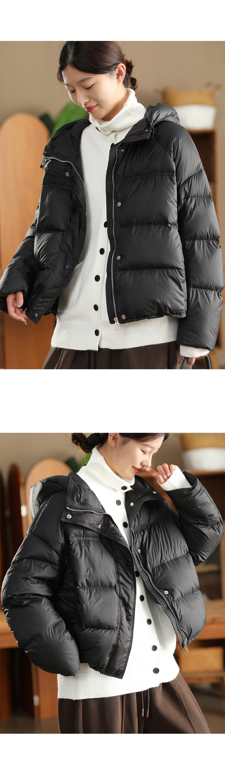 ウィンターファッション 90% 白アヒルダウンフード付き厚手コート レディース ドローコード裾保温ふわふわダウンジャケッ