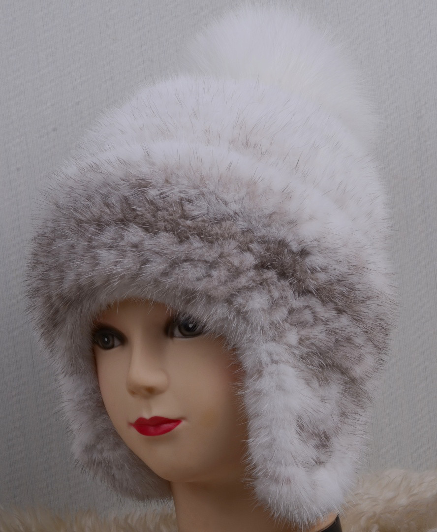 新品限定 上質クロスミンク編みこみ帽子 フォックスポンポン付き/毛皮 ファー 6,435円