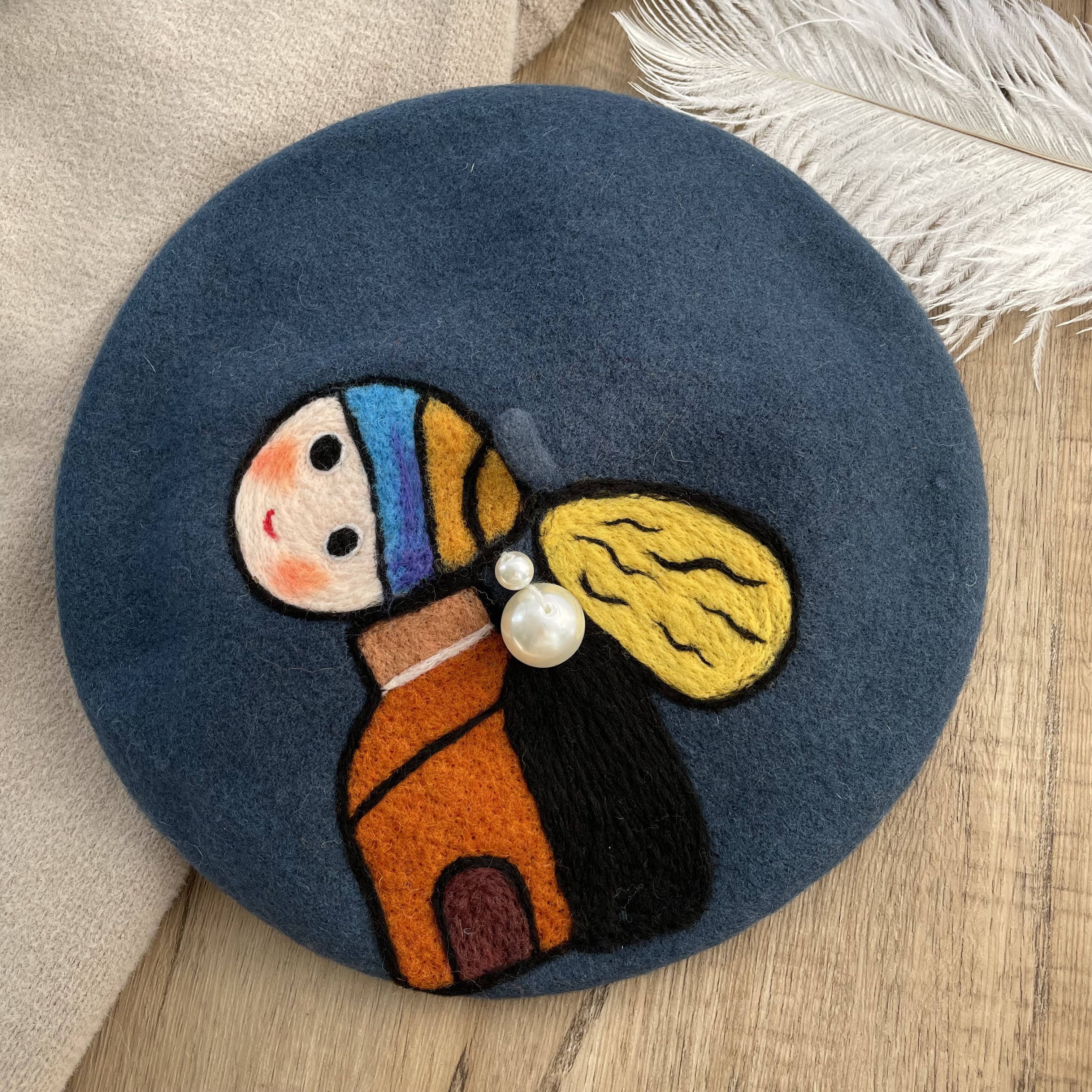 【受注制作】 真珠の耳飾りの少女 大人用 かわいい 羊毛フェルトベレー帽