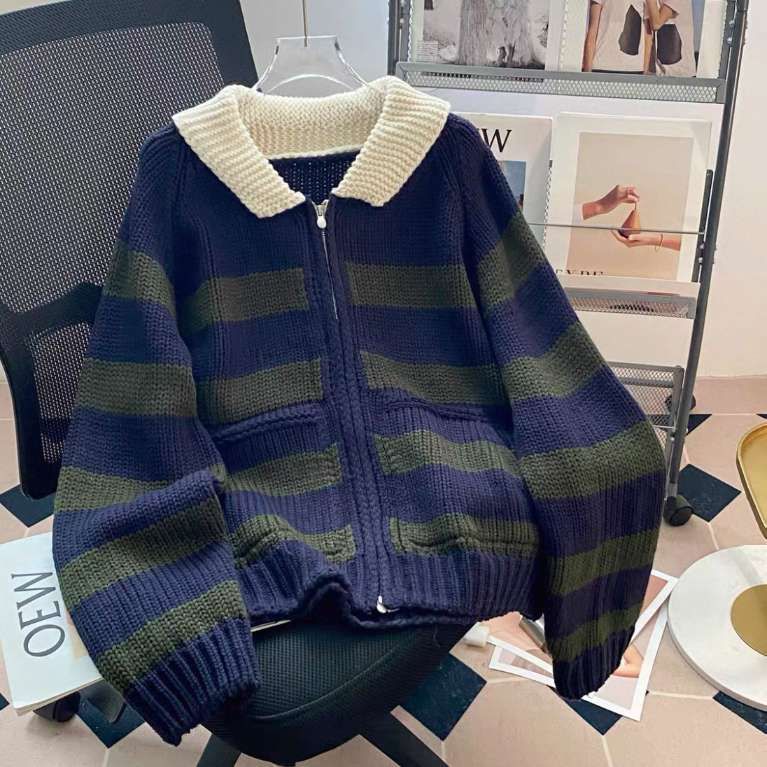 大人が着たいお洒落なカーディガン、前開きニットセーター、ジャケット、手編み毛糸厚模様 秋冬限定 厚手