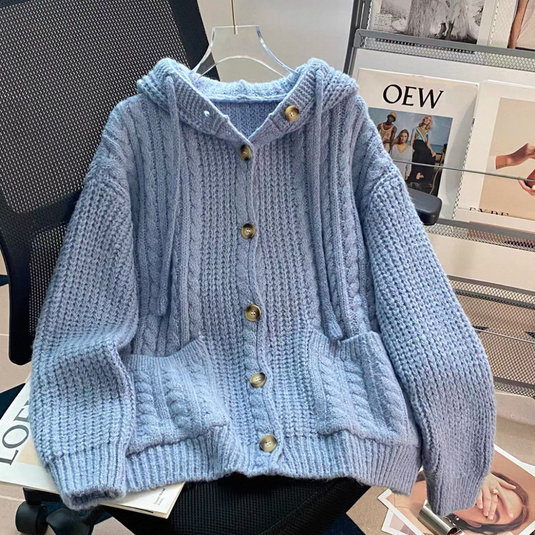 大人が着たいお洒落なカーディガン、前開きニットセーター、ジャケット、手編み毛糸厚模様 秋冬限定 厚手