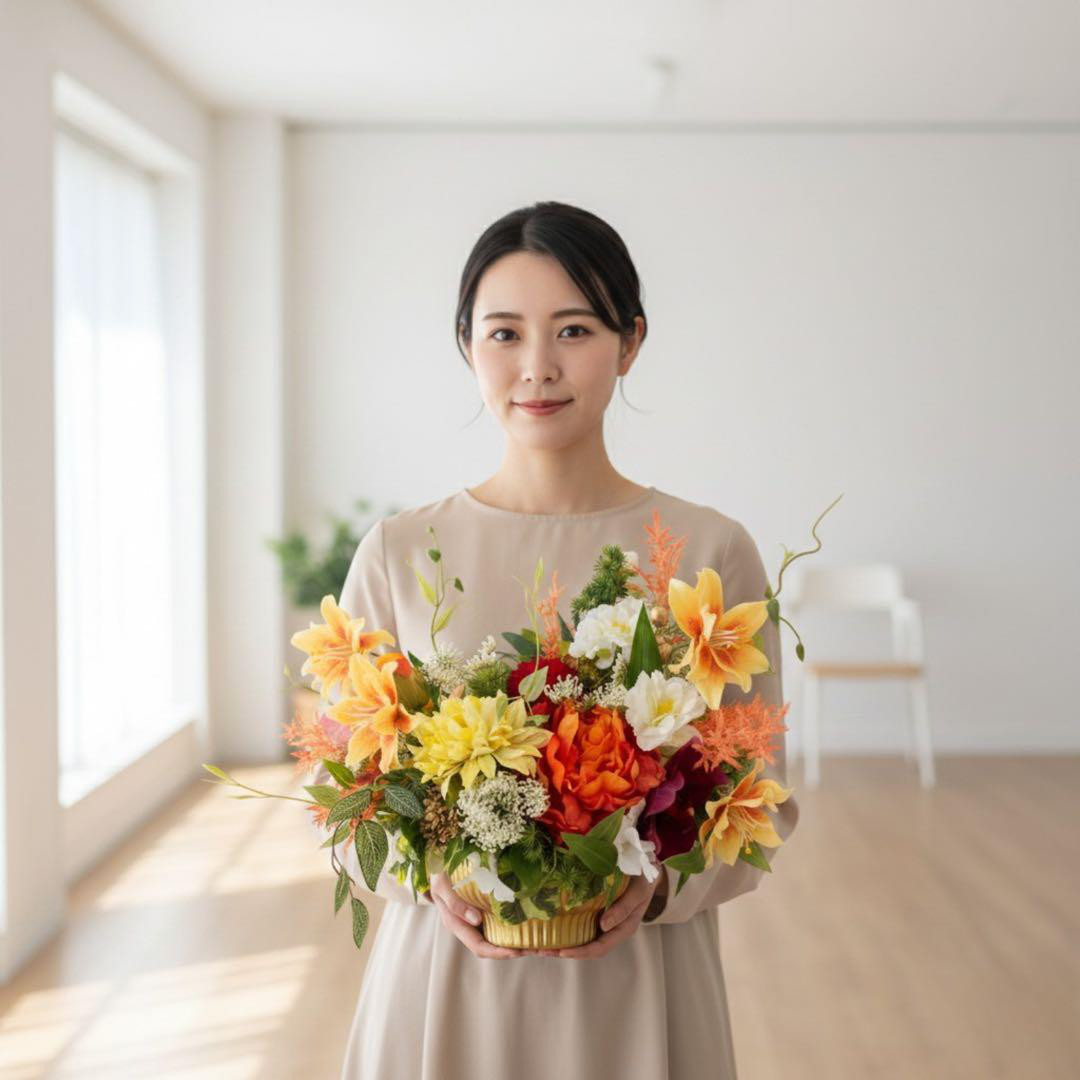 牡丹とダリアが咲き誇る 和モダンラウンドアレンジ｜ゴールド花器・光触媒フラワー