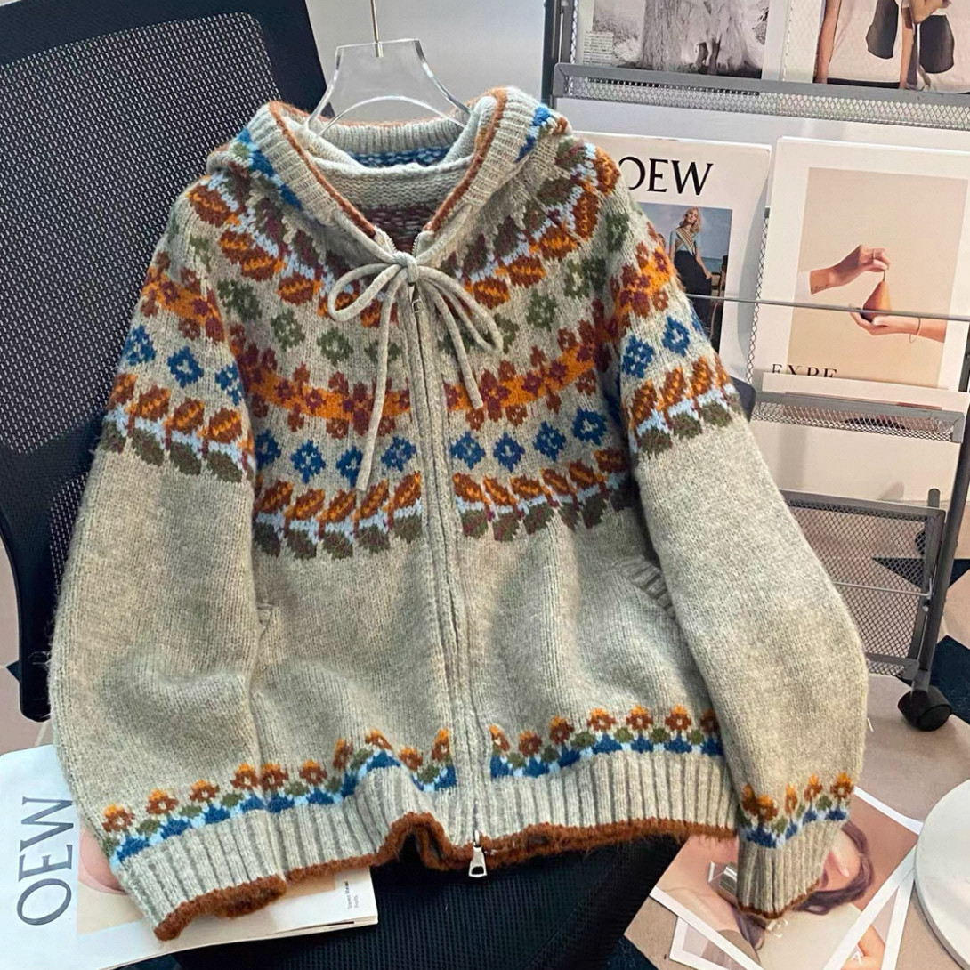 大人が着たいお洒落なカーディガン、前開きニットセーター、ジャケット、手編み毛糸厚模様 秋冬限定 厚手