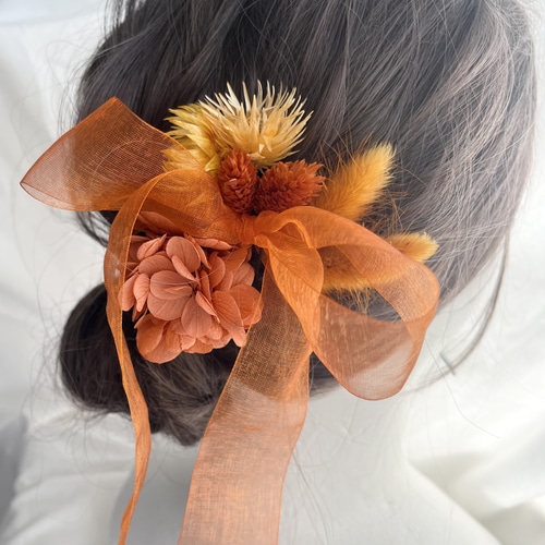 ヘアアクセサリー【オレンジ×リボン(5本)】ヘッドドレス ウェディング