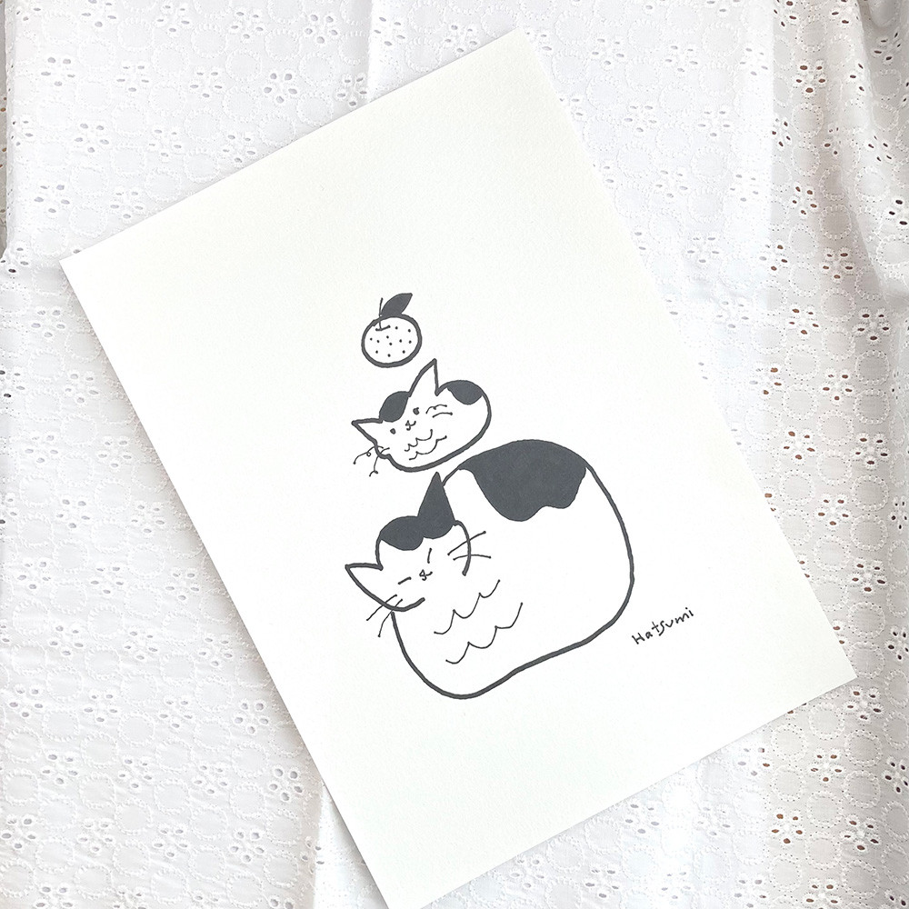 （イラスト原画）鏡餅ねこ　※原画のみ/額縁なし※　　原画　イラスト　アート　動物　猫　お正月　線画