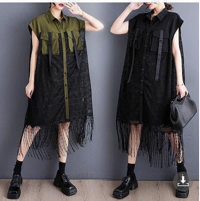 大きいサイズ レディース ワンピース　フリンジ　シャツ　夏物 秋 新品 半袖