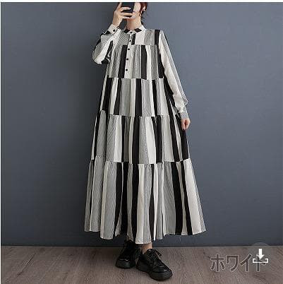 大きいサイズ新品ゆったり ロングワンピース ストライプ フリル 黒秋冬長袖