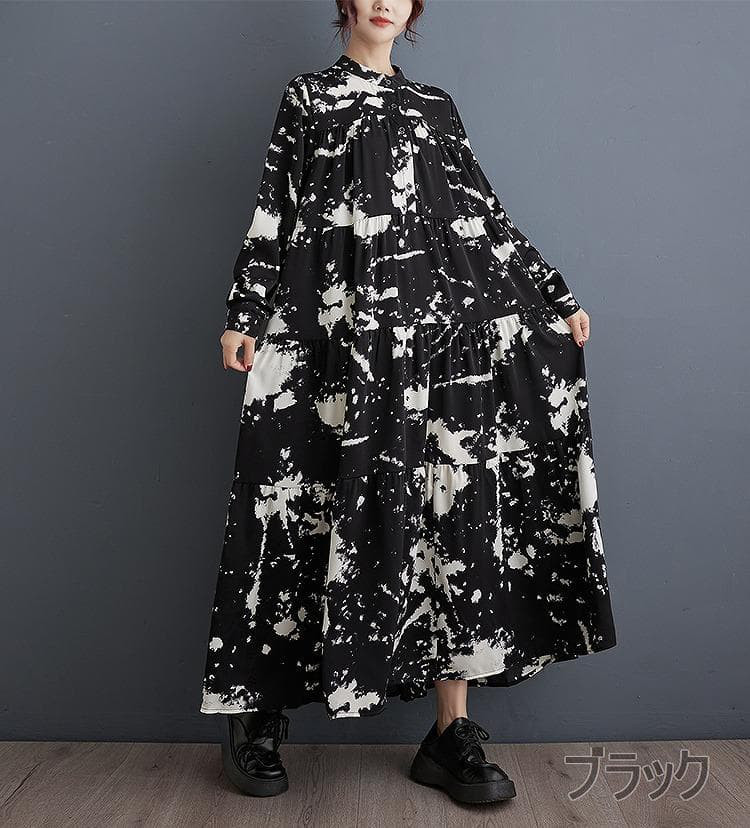 大きいサイズ新品ゆったり ロングワンピース ストライプ フリル 黒秋冬長袖