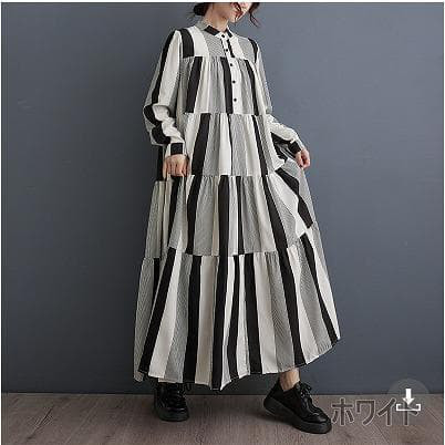大きいサイズ新品ゆったり ロングワンピース ストライプ フリル 黒秋冬長袖