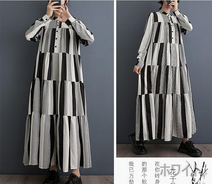 大きいサイズ新品ゆったり ロングワンピース ストライプ フリル 黒秋冬長袖