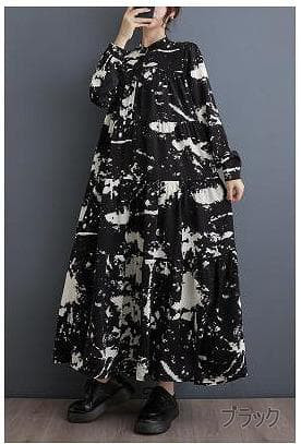 大きいサイズ新品ゆったり ロングワンピース ストライプ フリル 黒秋冬長袖