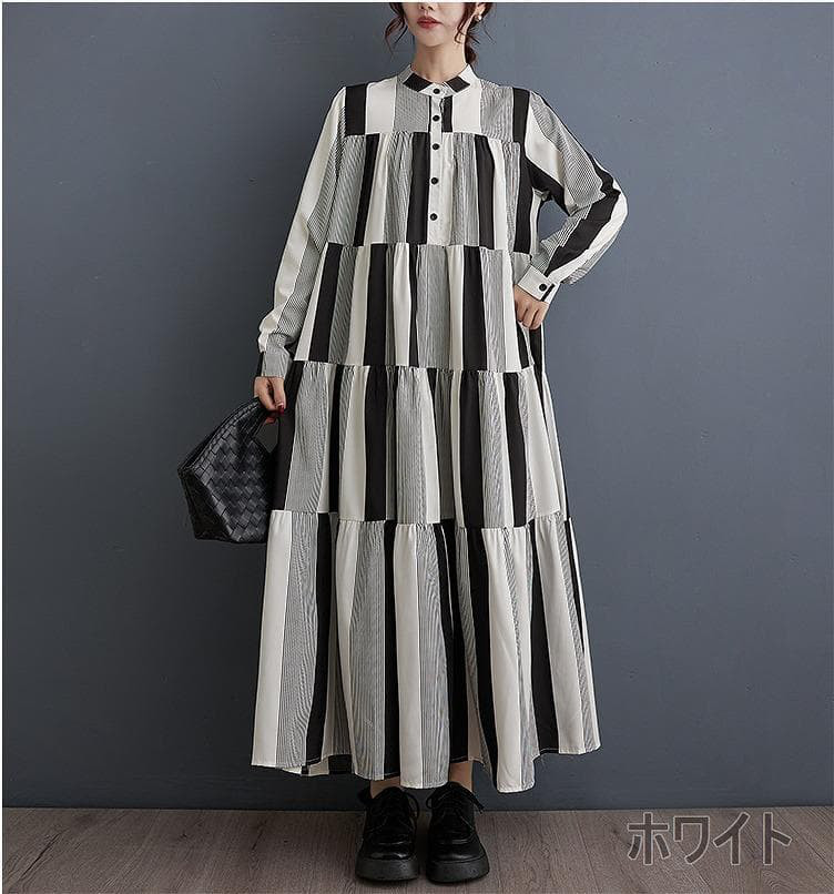 大きいサイズ新品ゆったり ロングワンピース ストライプ フリル 黒秋冬長袖