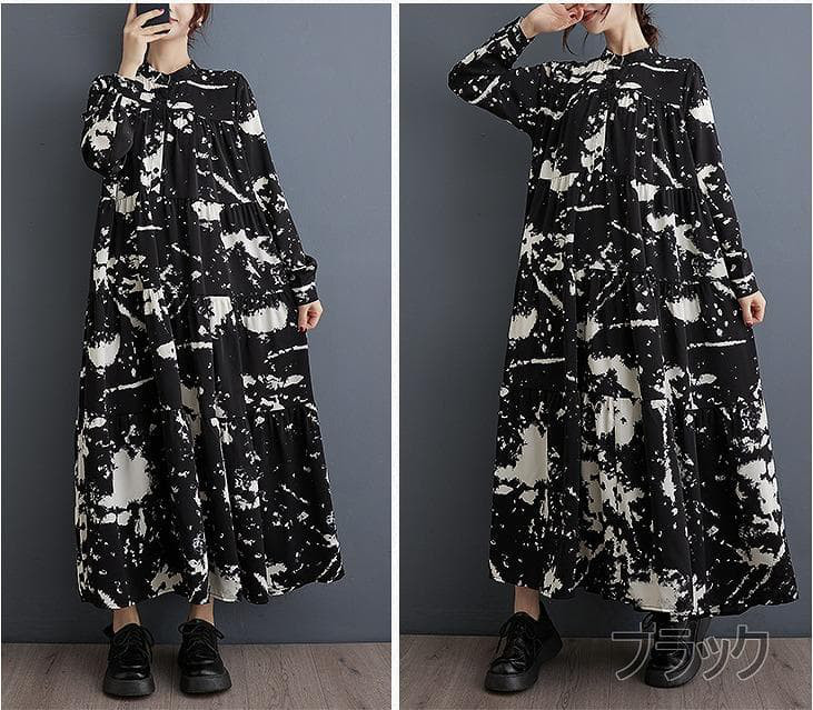 大きいサイズ新品ゆったり ロングワンピース ストライプ フリル 黒秋冬長袖