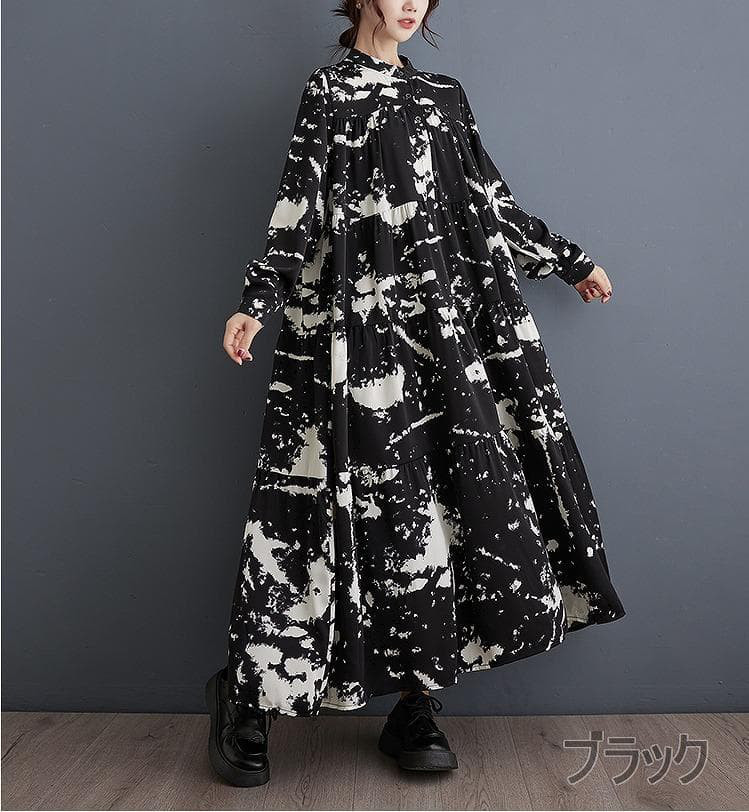 大きいサイズ新品ゆったり ロングワンピース ストライプ フリル 黒秋冬長袖