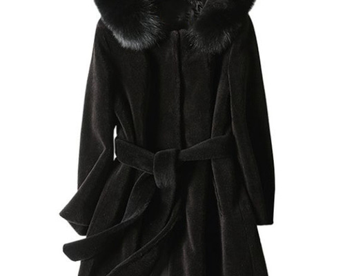 新品限定☆最高級フォックスファー襟付き羊毛ロングコート帽子付 黒