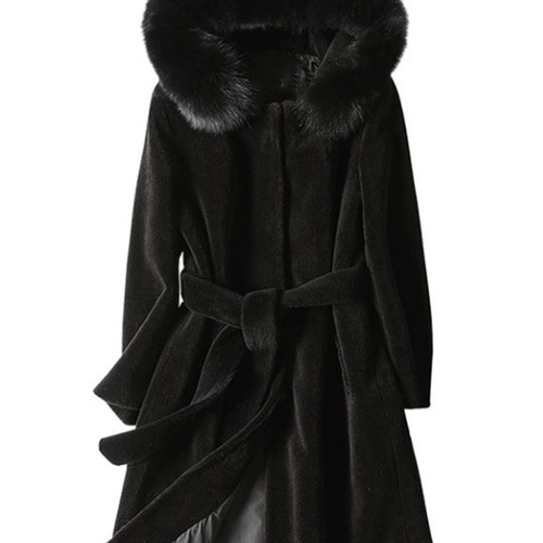 新品限定★高級帽子付♪豪華ミンク編み込み コート黒 毛皮 リアルファーコート 新品限定☆最高級フォックスファー襟付き羊毛ロングコート帽子付 黒