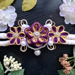 つまみ細工髪飾り 摘まみ細工藤の花 パール 紫 白 銀 金 着物 ⭐～楓樺