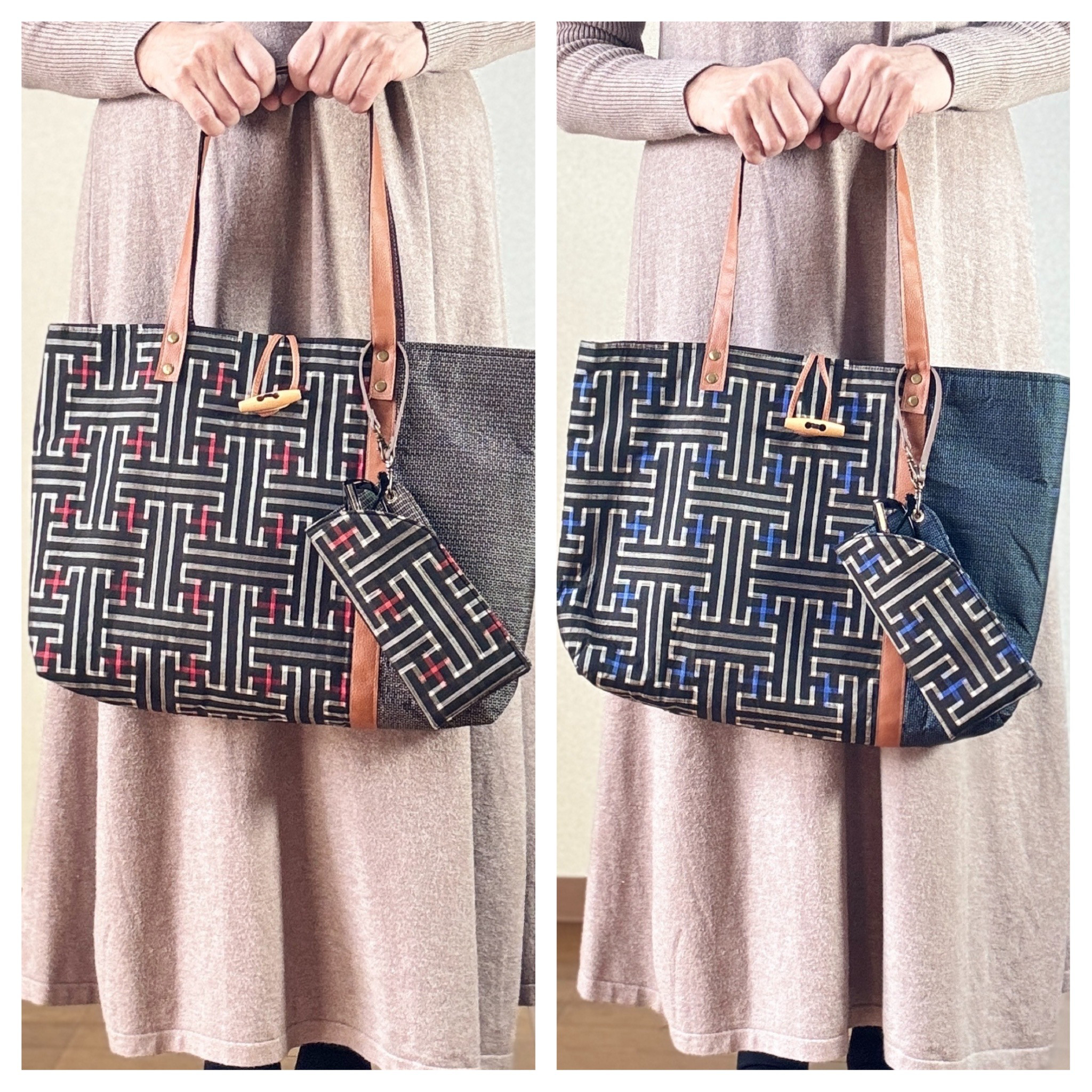 「Creema限定新春福袋〈竹〉」トートバッグとメガネケースのセット　赤と青秋名バラ　着物リメイク