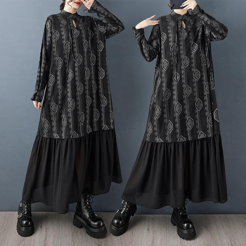 大きいサイズ 新品 秋冬 レトロ ストライプ チャイナ風ロング ワンピース 黒f