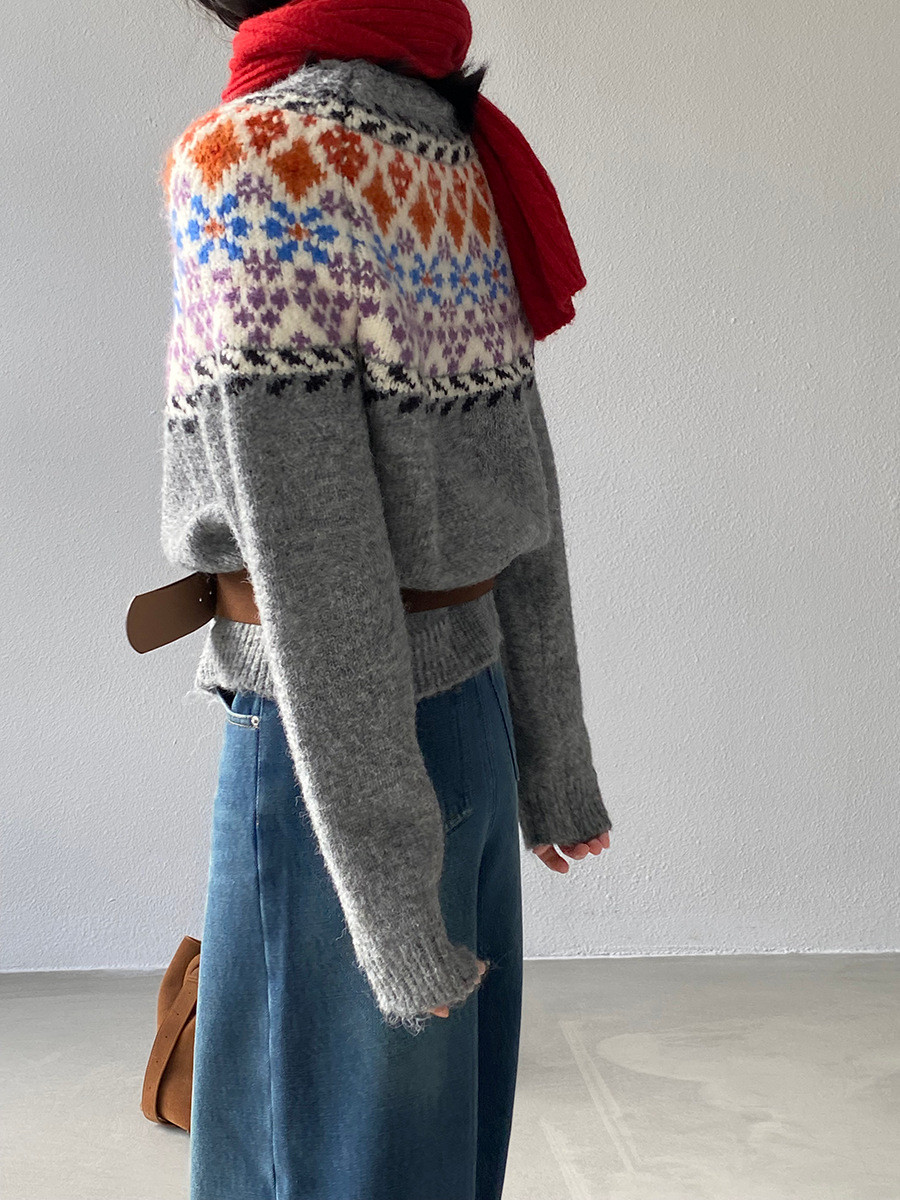 秋レディース小柄フラワー ルーズ クルーネック プルオーバー 厚手ニットセーター【返品・交換可】品質最優先25-624