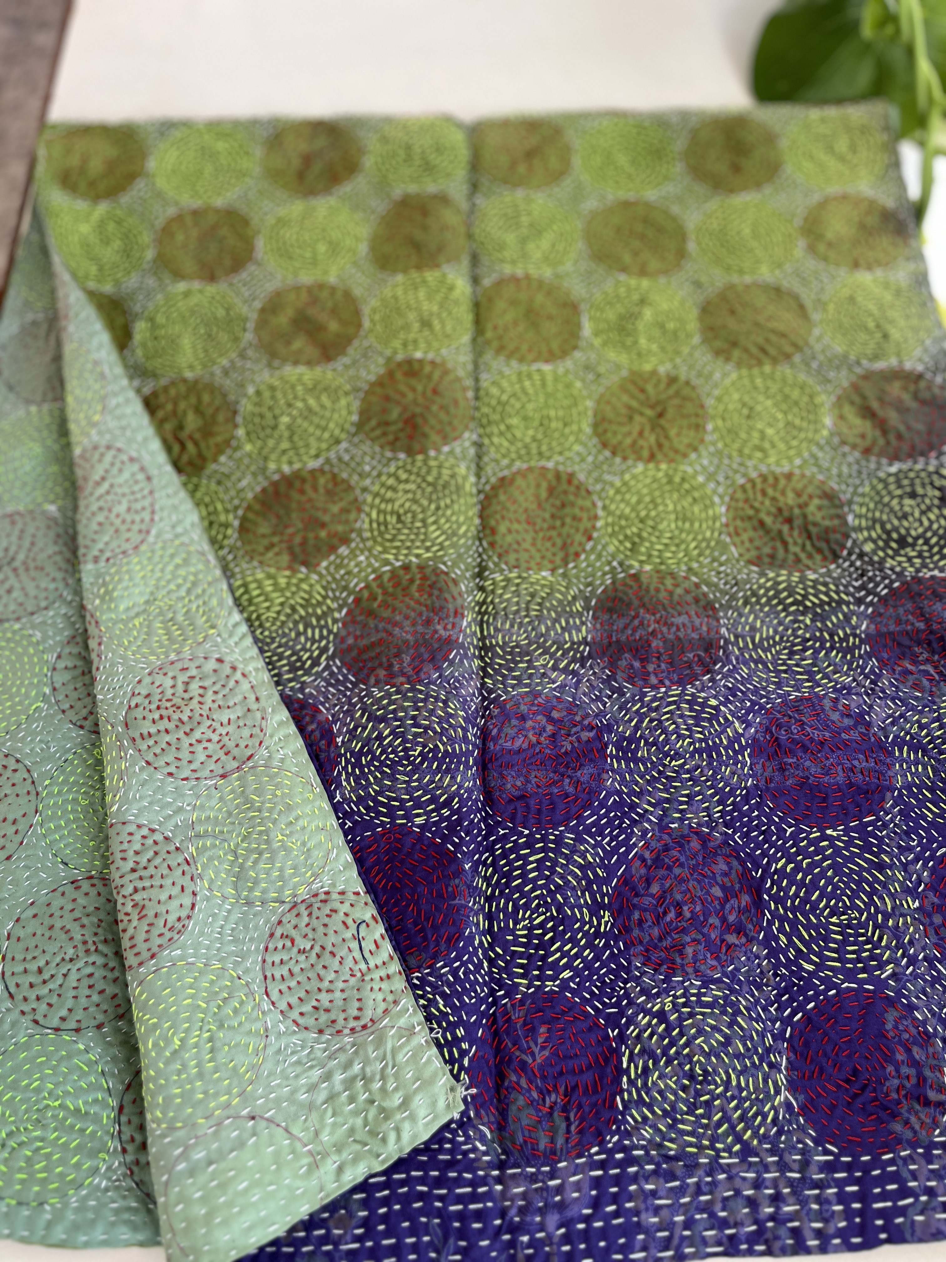 【インド】オールドサリー　カンタ刺繍　リバーシブルストール　マルチカバー  Small4