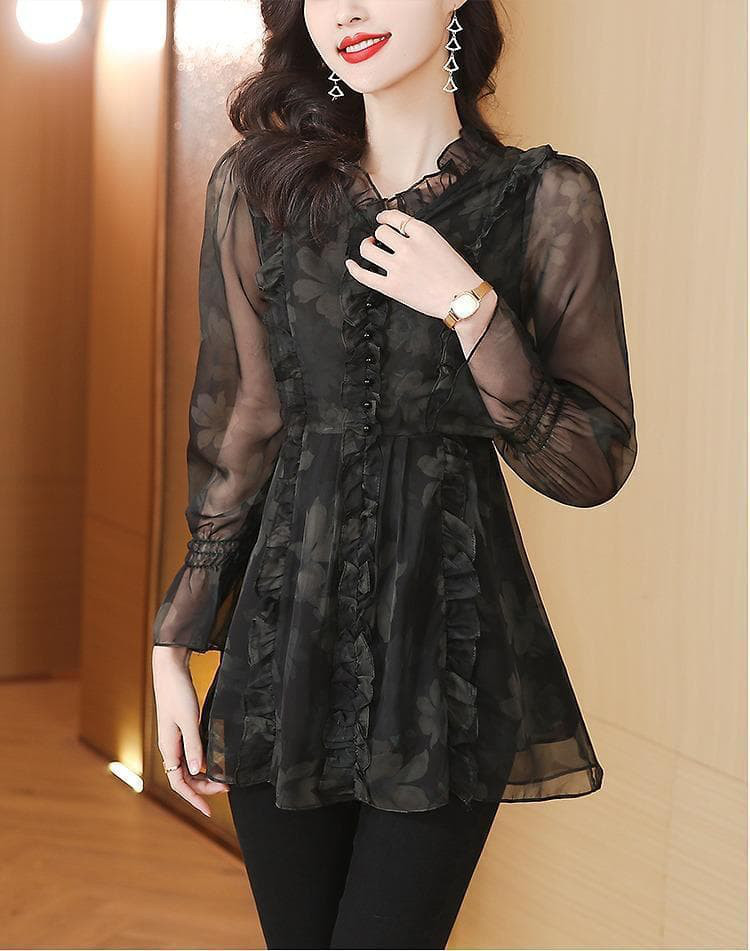新品 大きいサイズ花柄 メッシュ シースルー フリル シフォンブラウス秋冬 長袖