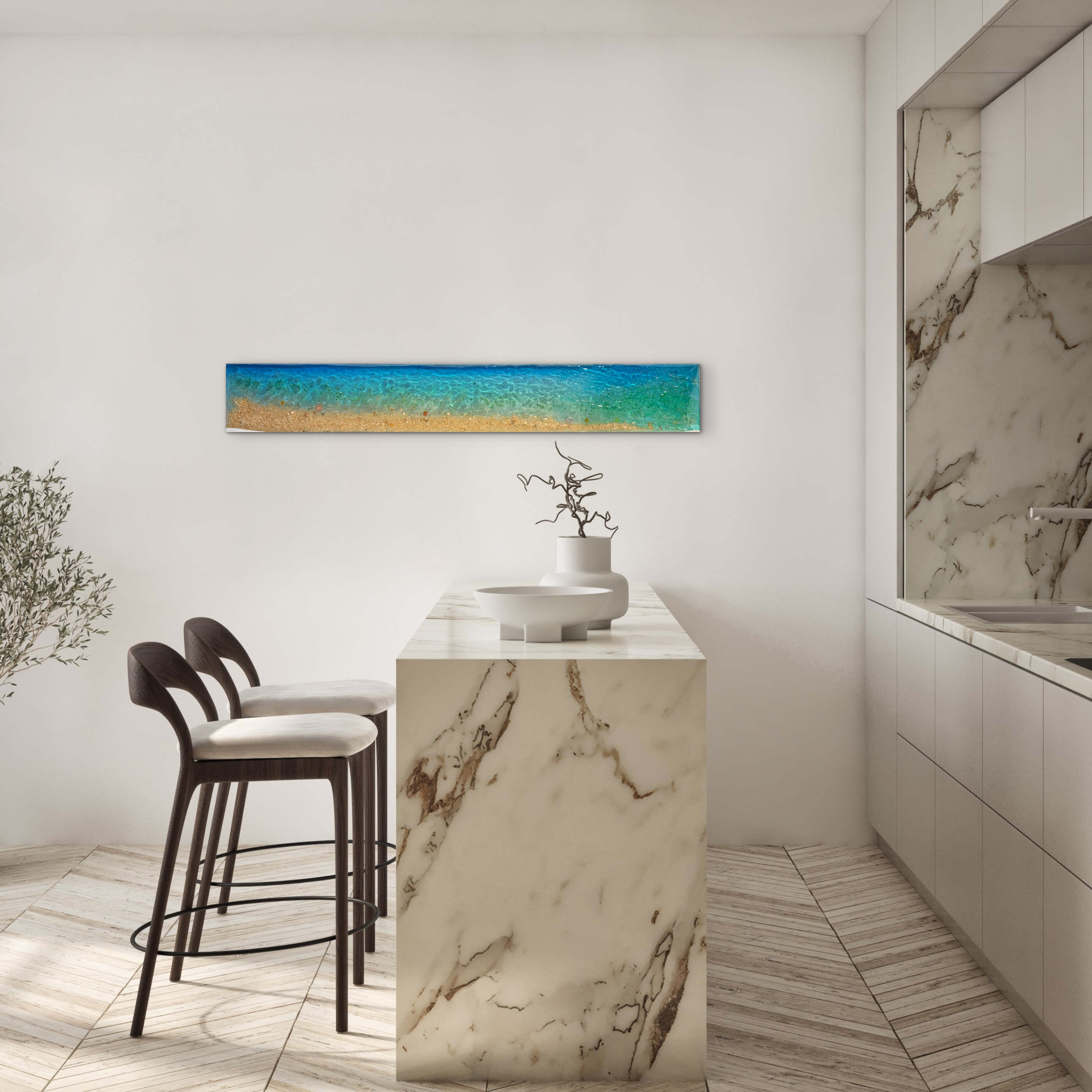 現品販売　ビーチ波紋アートパネル 壁飾り 100×15 レジンアートパネルロングビーチキッチン、洗面所飾り