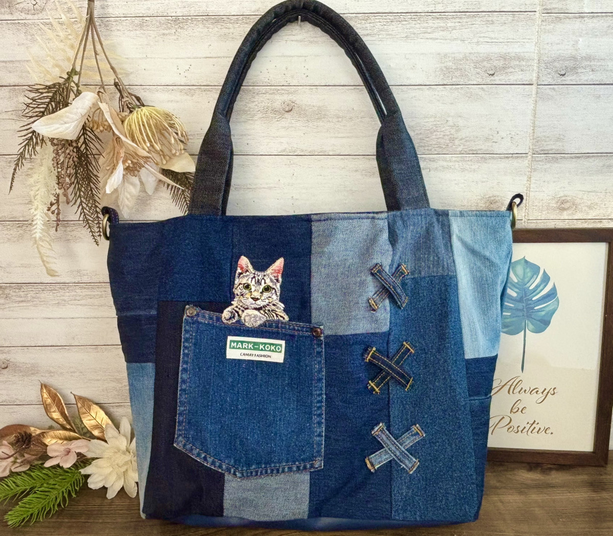 【Lサイズ】 デニムトートバッグ 猫(アメリカンショートヘア)×ジーンズ ハンドメイド レディース Dカン