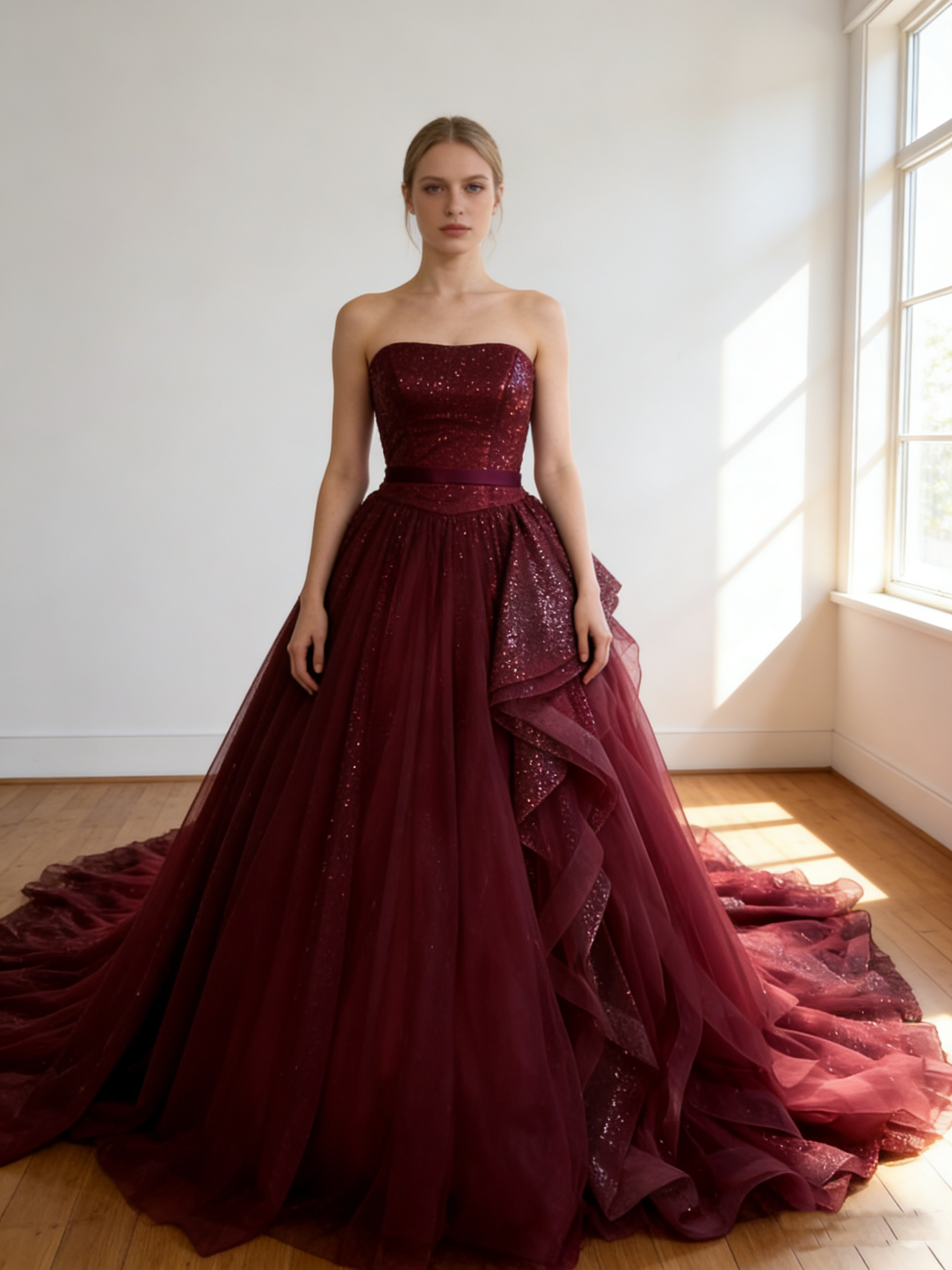 カラードレス  ボルドー色   シークインチュール   ビスチェドレス   編み上げ  華やかなトレーン   花嫁 前撮